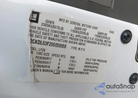 2006 Pontiac Torrent z USA, uszkodzony, nr VIN 2CKDL63F266059958